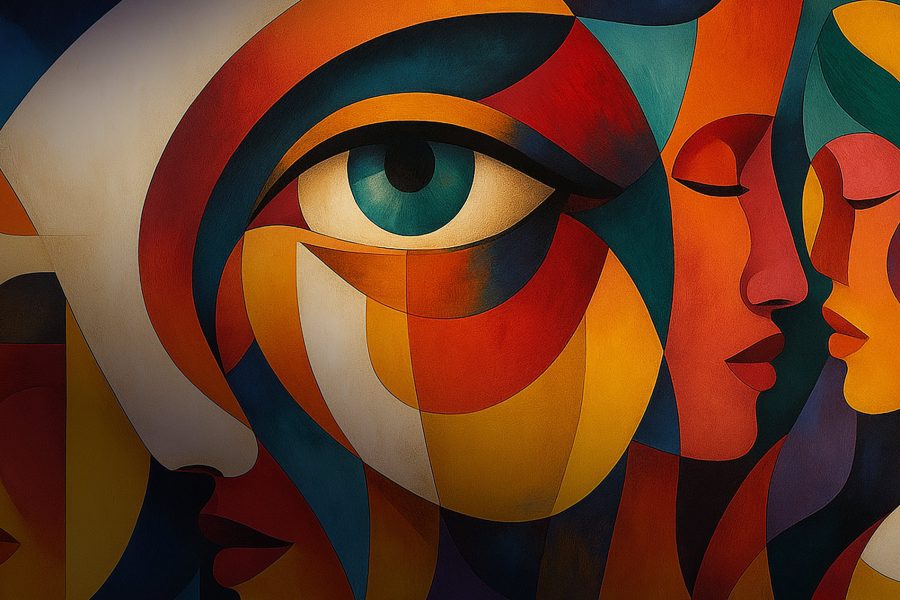 Cubist style colourful Artwork that shows humans relating, with a close up on a couple in embrace and a human eye